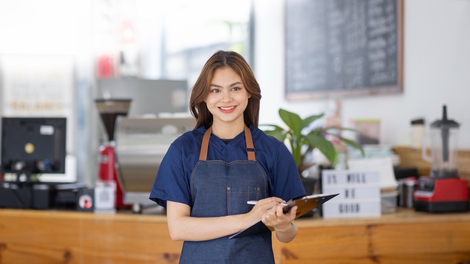 Small business owner in an apron checking her costs on a clipboard at her cafe counter
